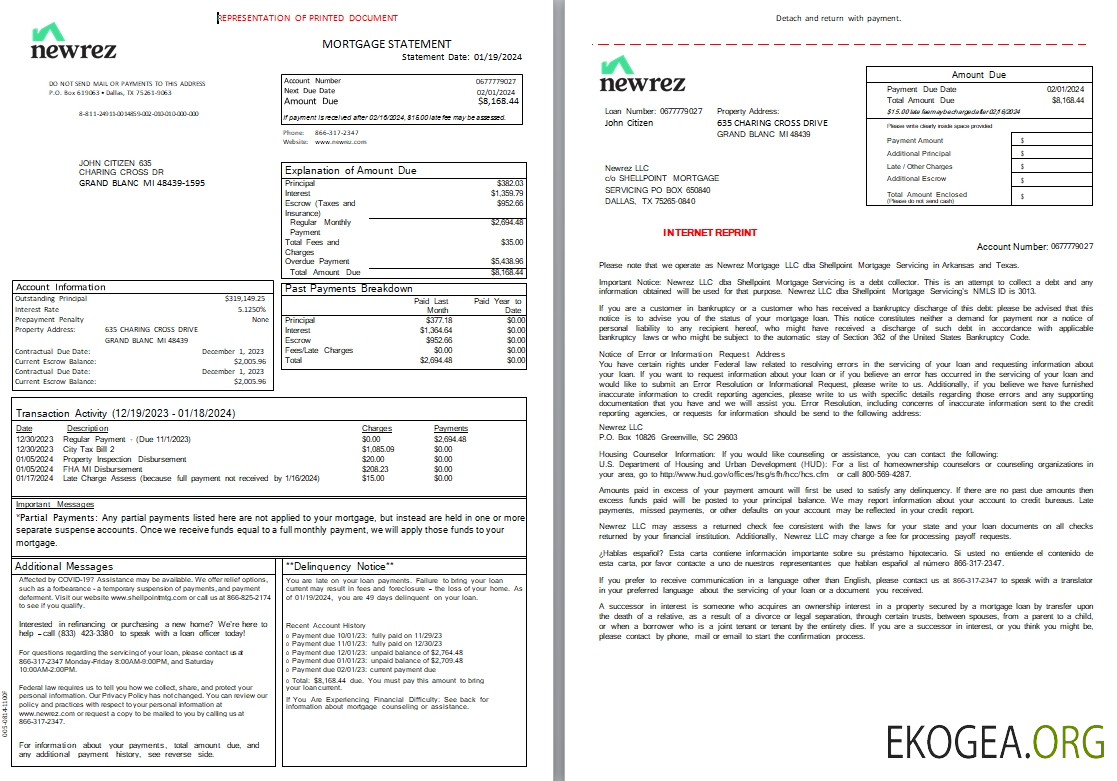 Relevé hypothécaire USA Texas Newrez, 3 pages 1, 2 scr